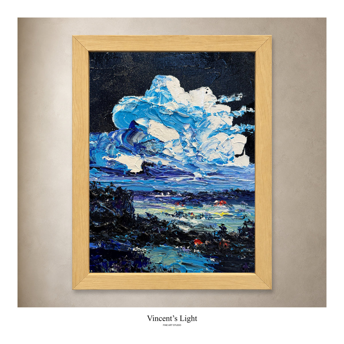 The Black Cloud II by Yingzhi Chen, original acrylic painting in a natural wood frame, presented against a styled gallery wall. Photograph edges cropped to remove protective corners.
