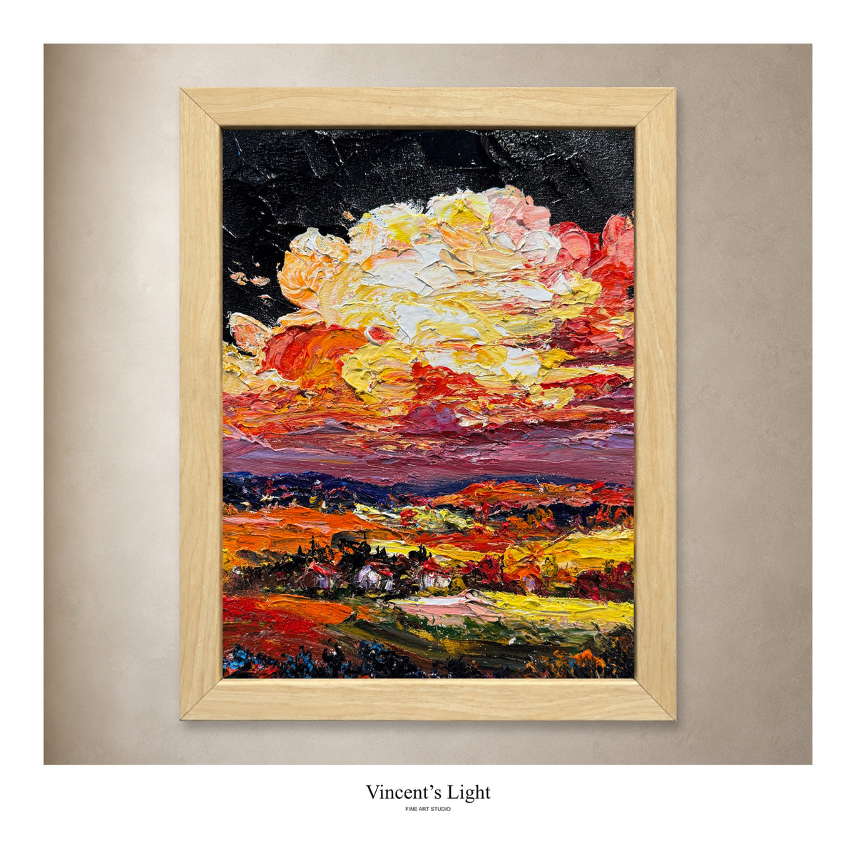 The Black Cloud IV by Yingzhi Chen, original acrylic painting in a natural wood frame, presented against a styled gallery wall. Photograph edges cropped to remove protective corners.