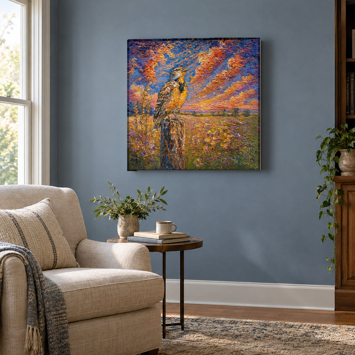 Western Meadowlark by Zhongda Huang hanging on a muted slate-blue painted wall above a reading corner with a linen armchair and a small round side table