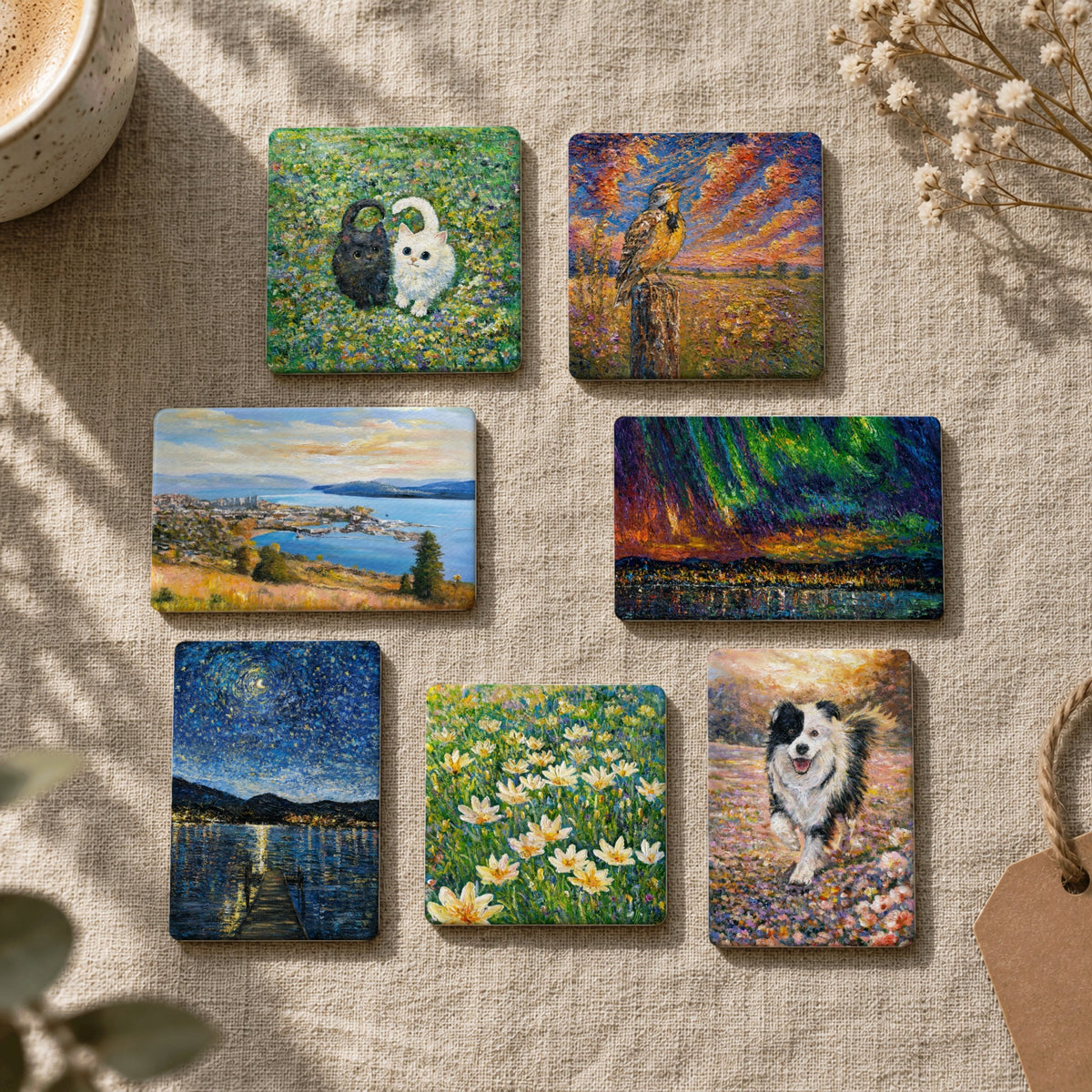 Seven Vincent's Light art magnets on linen