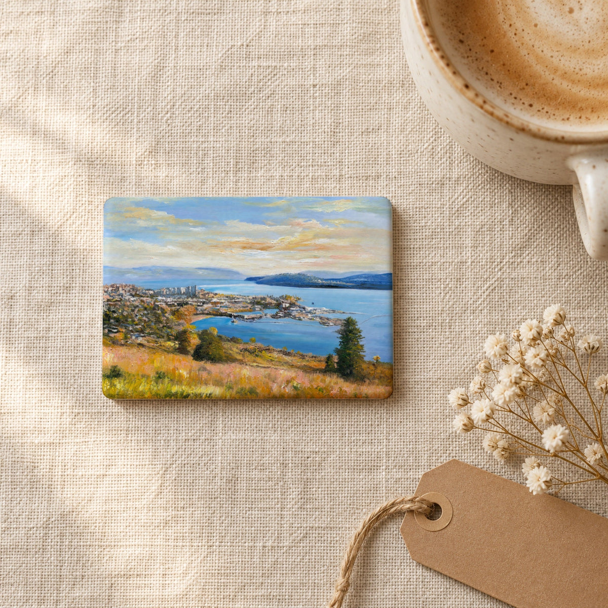 Okanagan Lake at Knox Mountain art magnet on linen with coffee and dried flowers
