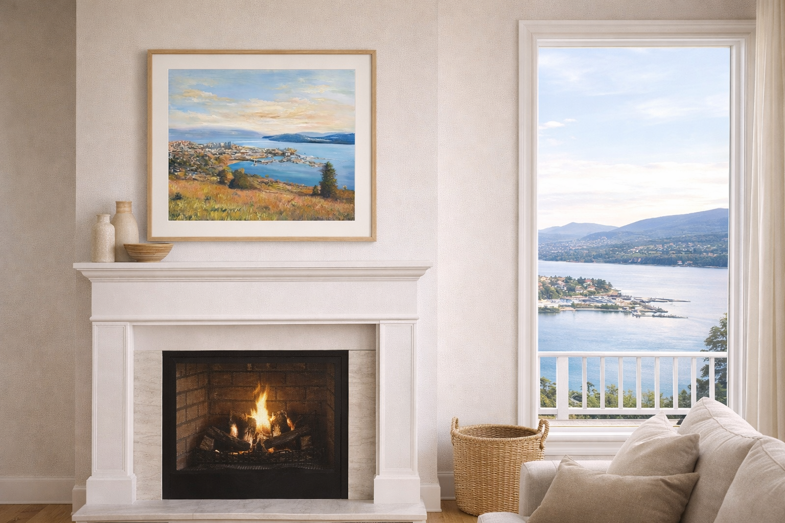 Living room with fireplace, painting of a landscape, and view of a lake.