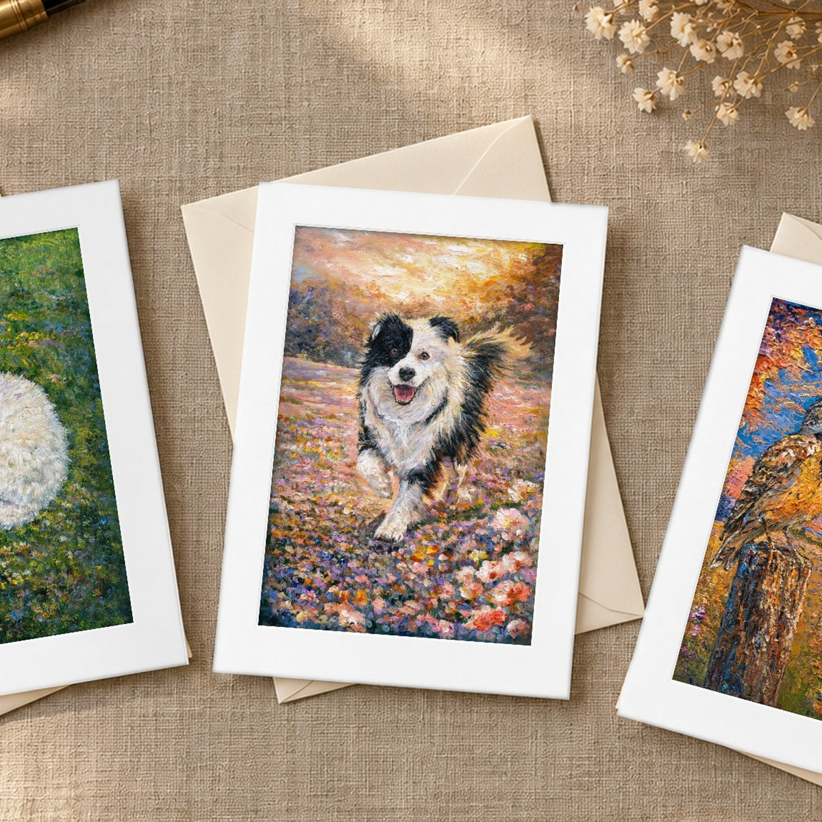 Frameable art cards with envelopes on linen