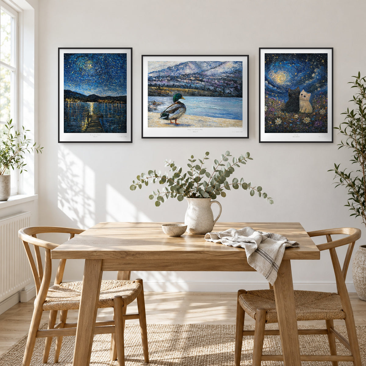 Three framed art prints as a gallery wall above a dining table