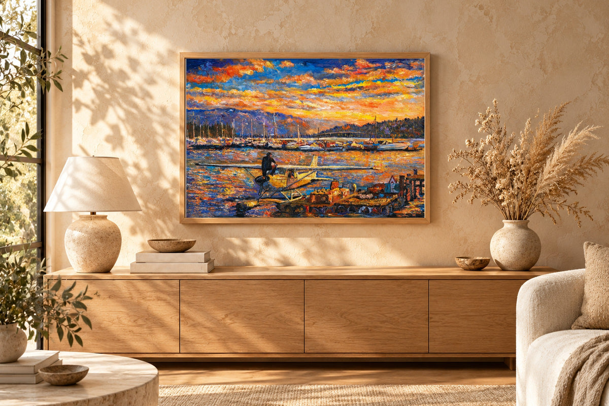 Original painting hanging in a warm living room