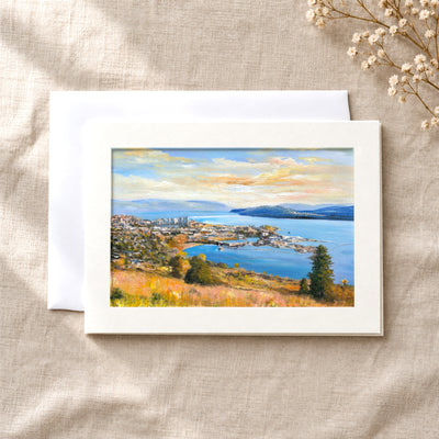Okanagan Lake at Knox Mountain art card: a folded 5×7 card with the artwork in a centred window, with a white envelope