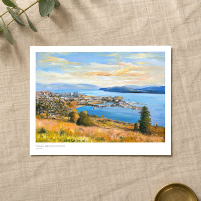 Okanagan Lake at Knox Mountain studio print with title and signature margin, lying on linen