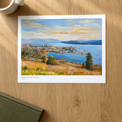 Okanagan Lake at Knox Mountain studio print on a light oak desk