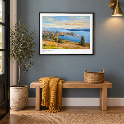 Okanagan Lake at Knox Mountain studio print, 22 × 17 in, in a black frame in an entryway (frame not included)