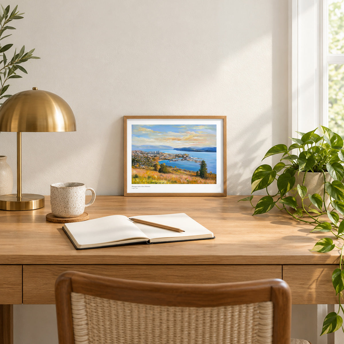 Okanagan Lake at Knox Mountain studio print, 11 × 8.5 in, in a light oak frame on a desk (frame not included)