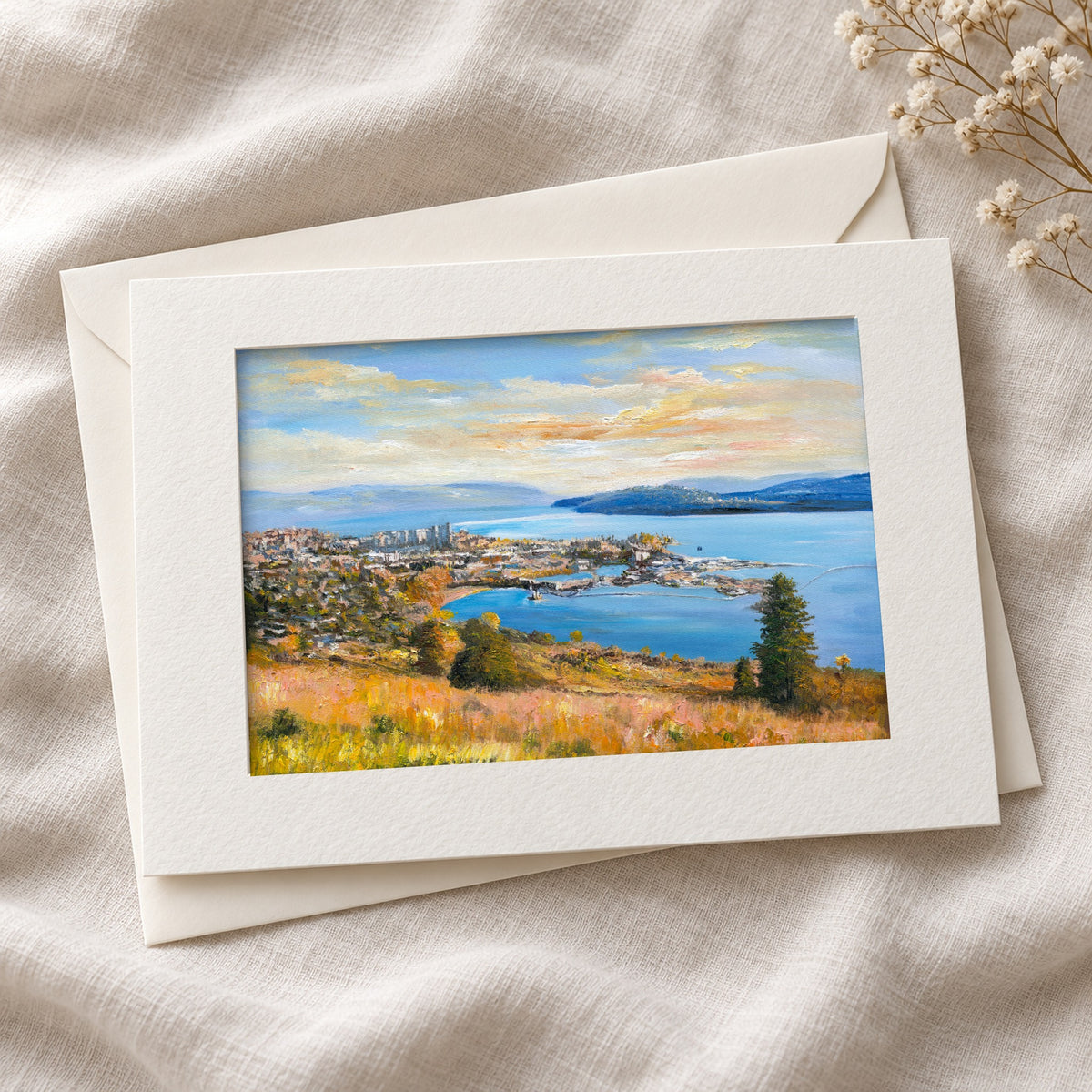 Okanagan Lake at Knox Mountain art card in an acid-free 5×7 mat with envelope