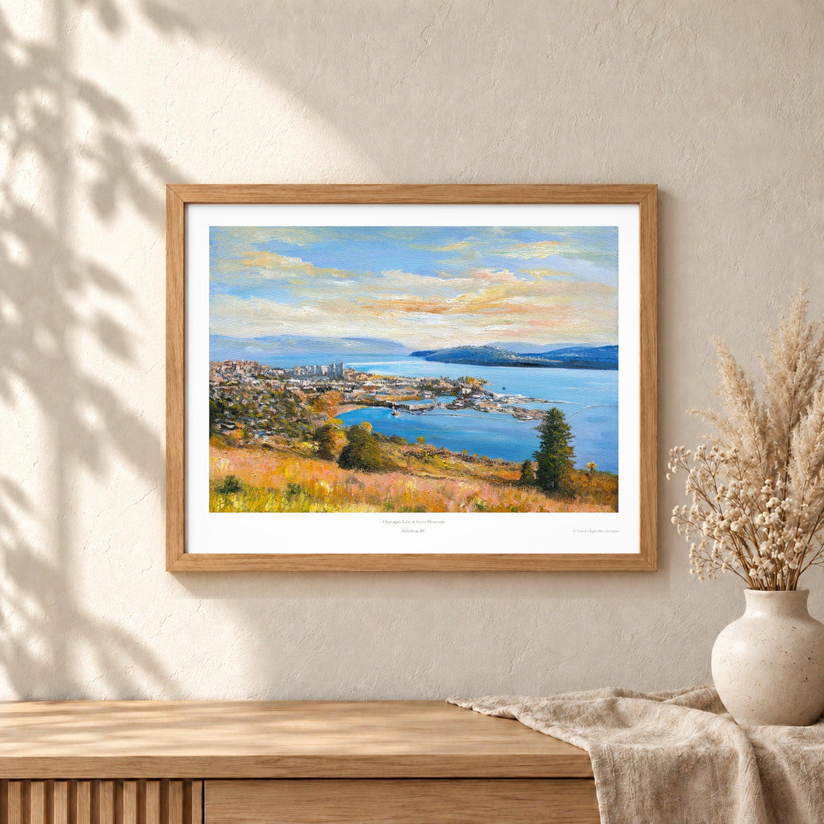 Okanagan Lake at Knox Mountain art print shown in an oak frame on a wall (frame not included)