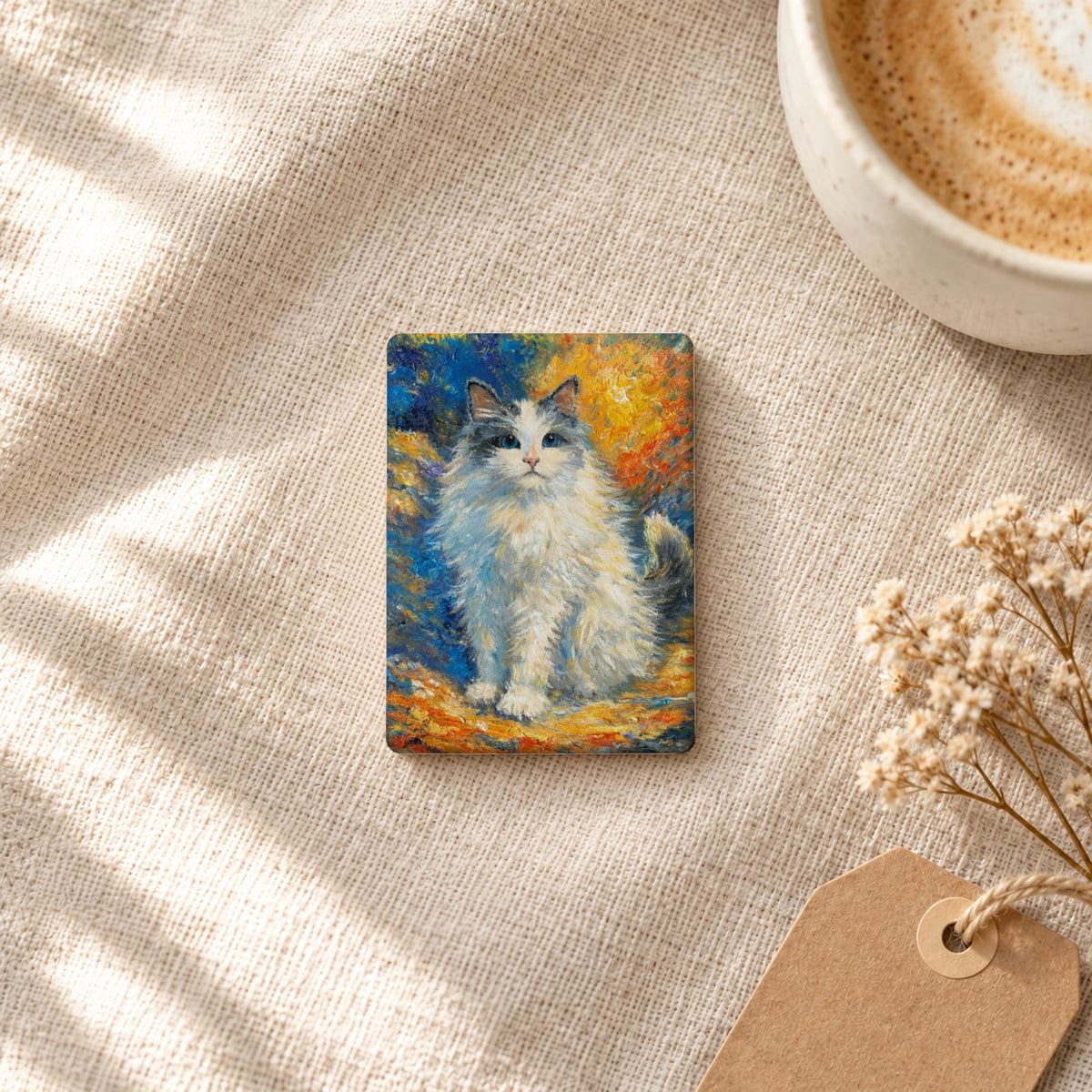 Bunbun art magnet on linen with coffee and dried flowers