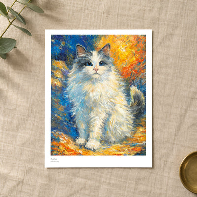 Bunbun studio print with title and signature margin, lying on linen