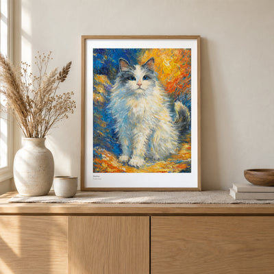 Bunbun studio print, 17 × 22 in, in a light oak frame on a sideboard (frame not included)