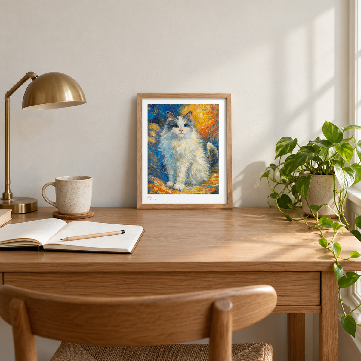 Bunbun studio print, 8.5 × 11 in, in a light oak frame on a desk (frame not included)