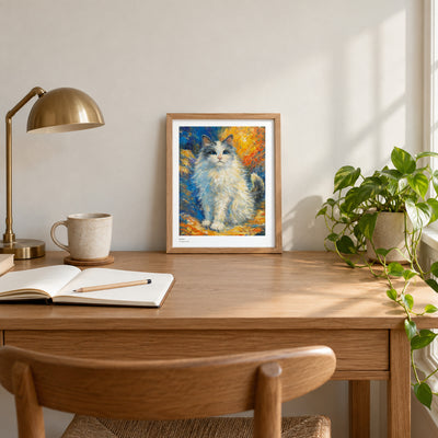 Bunbun studio print, 8.5 × 11 in, in a light oak frame on a desk (frame not included)