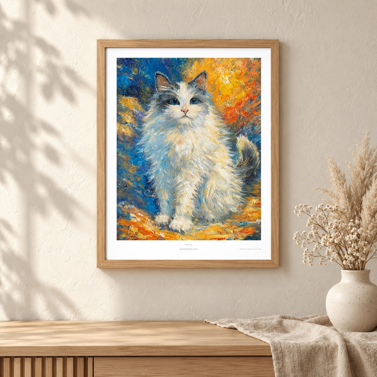 Bunbun art print shown in an oak frame on a wall (frame not included)