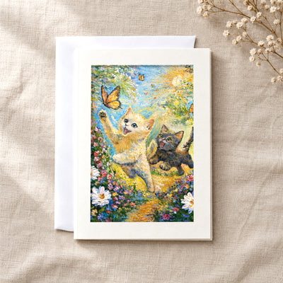 Chasing Butterflies art card: a folded 5×7 card with the artwork in a centred window, with a white envelope