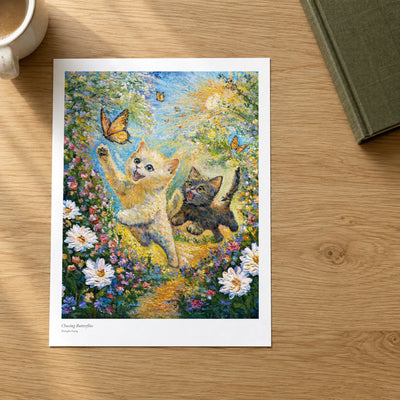 Chasing Butterflies studio print on a light oak desk