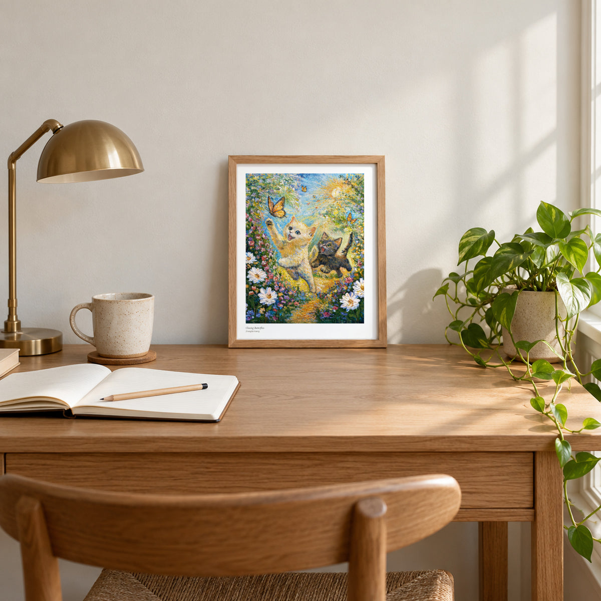 Chasing Butterflies studio print, 8.5 × 11 in, in a light oak frame on a desk (frame not included)