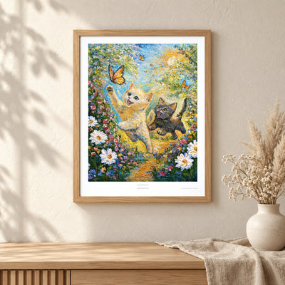 Chasing Butterflies art print shown in an oak frame on a wall (frame not included)