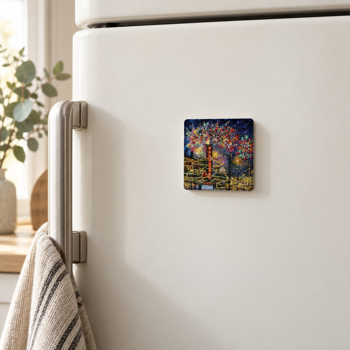 Downtown Kelowna, Fireworks art magnet on a white fridge door
