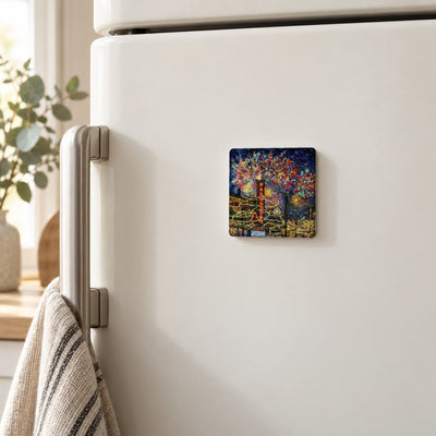 Downtown Kelowna, Fireworks art magnet on a white fridge door