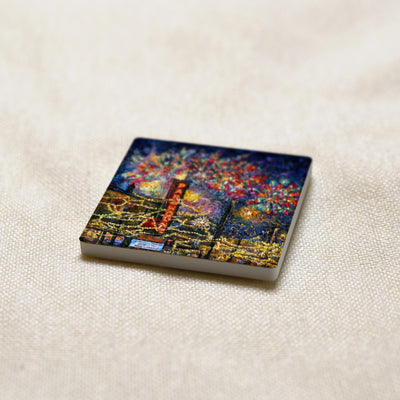 Downtown Kelowna, Fireworks art magnet at an angle, showing the stone edge