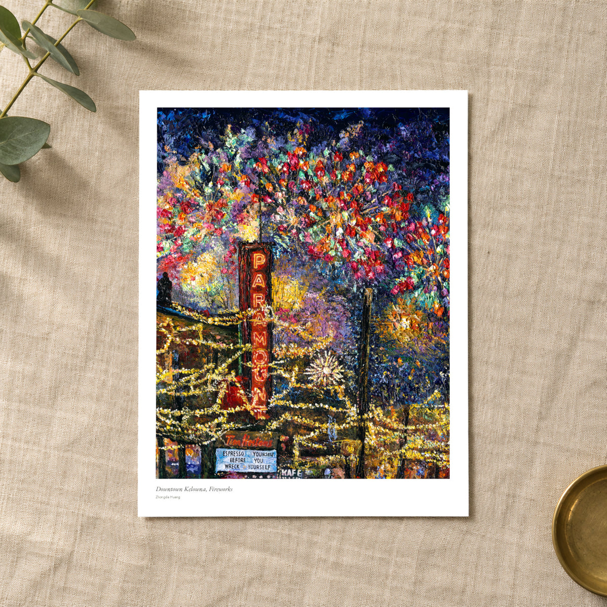 Downtown Kelowna, Fireworks studio print with title and signature margin, lying on linen