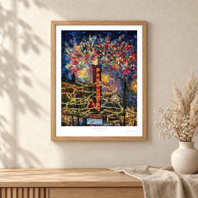 Downtown Kelowna, Fireworks art print shown in an oak frame on a wall (frame not included)