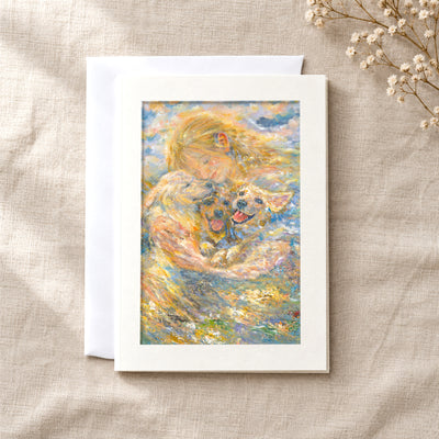 Held in Light art card: a folded 5×7 card with the artwork in a centred window, with a white envelope