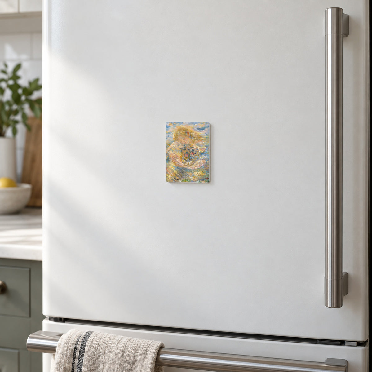 Held in Light art magnet on a warm white fridge door