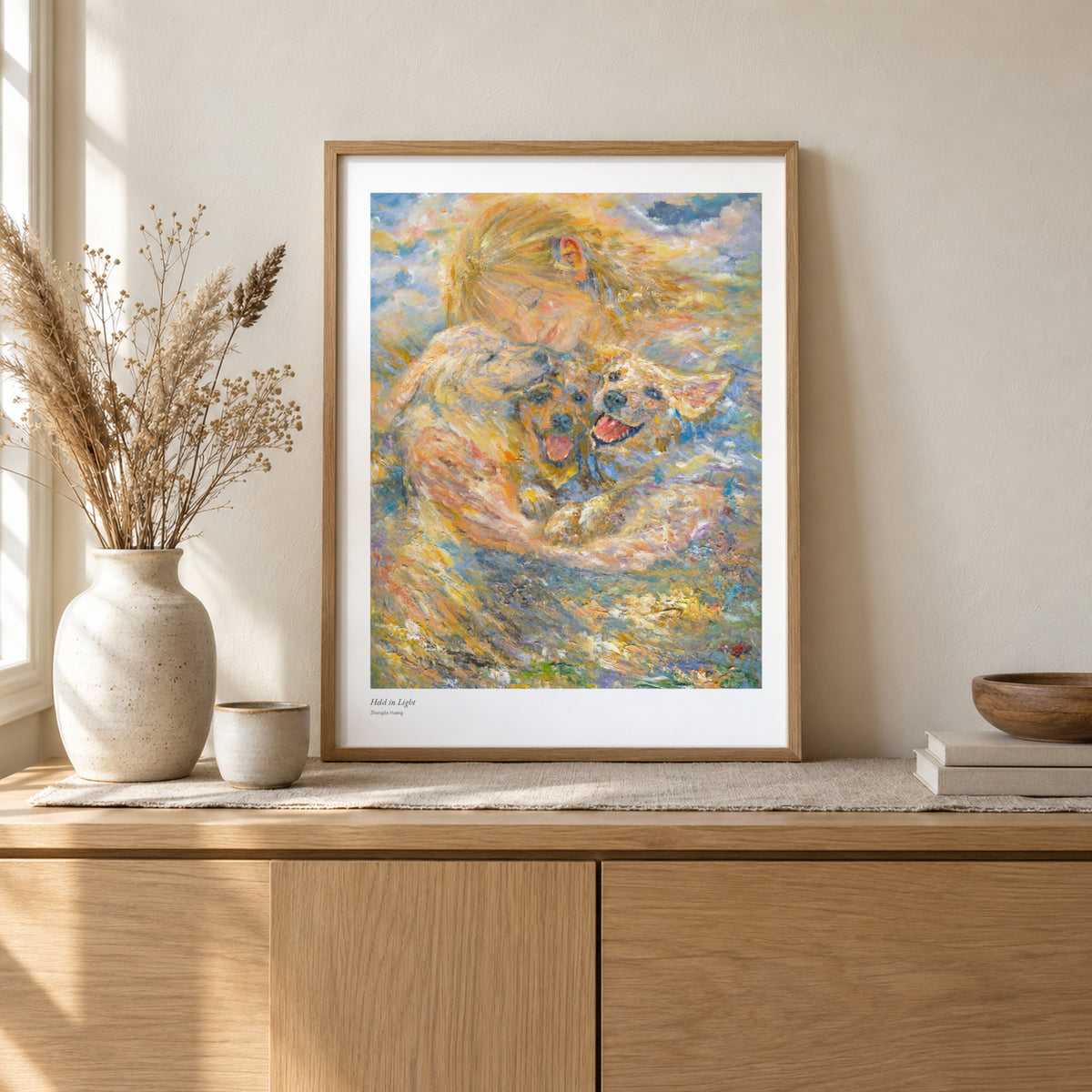 Held in Light studio print, 17 × 22 in, in a light oak frame on a sideboard (frame not included)