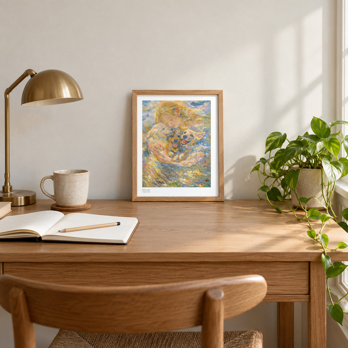 Held in Light studio print, 8.5 × 11 in, in a light oak frame on a desk (frame not included)