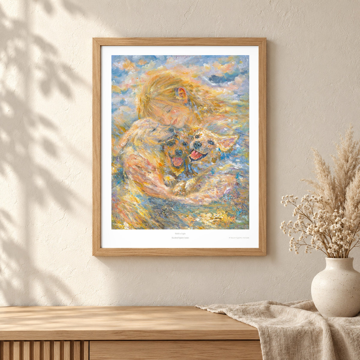 Held in Light art print shown in an oak frame on a wall (frame not included)