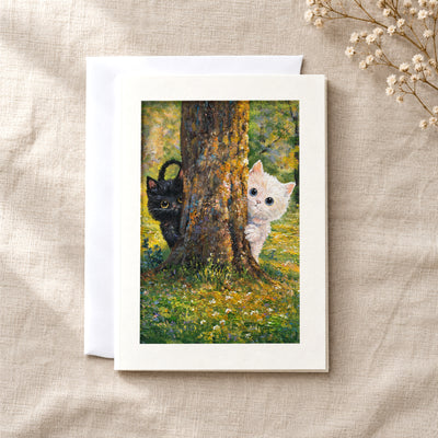 Hide and Seek art card: a folded 5×7 card with the artwork in a centred window, with a white envelope