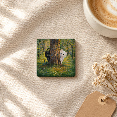 Hide and Seek art magnet on linen with coffee and dried flowers