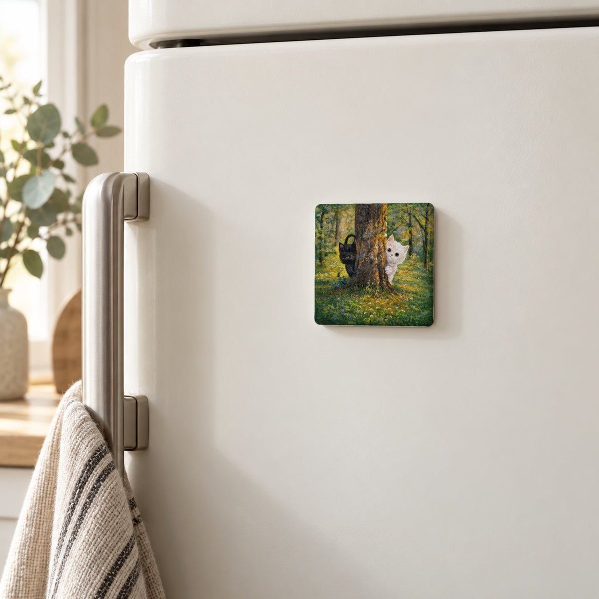 Hide and Seek art magnet on a white fridge door