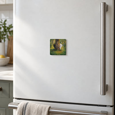 Hide and Seek art magnet on a warm white fridge door
