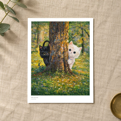 Hide and Seek studio print with title and signature margin, lying on linen