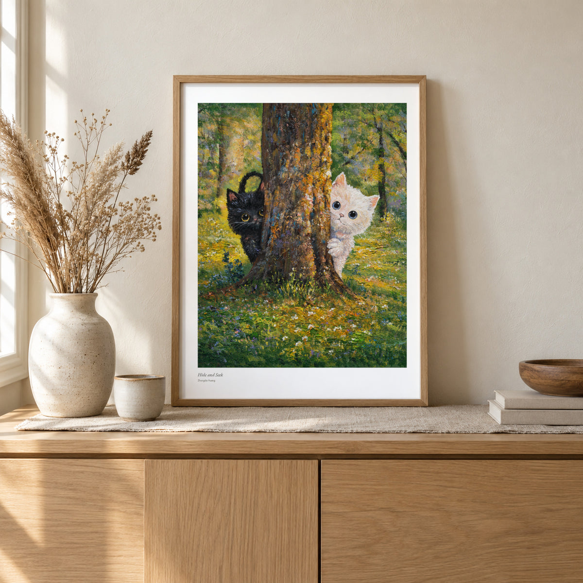 Hide and Seek studio print, 17 × 22 in, in a light oak frame on a sideboard (frame not included)
