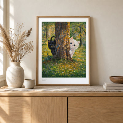Hide and Seek studio print, 17 × 22 in, in a light oak frame on a sideboard (frame not included)