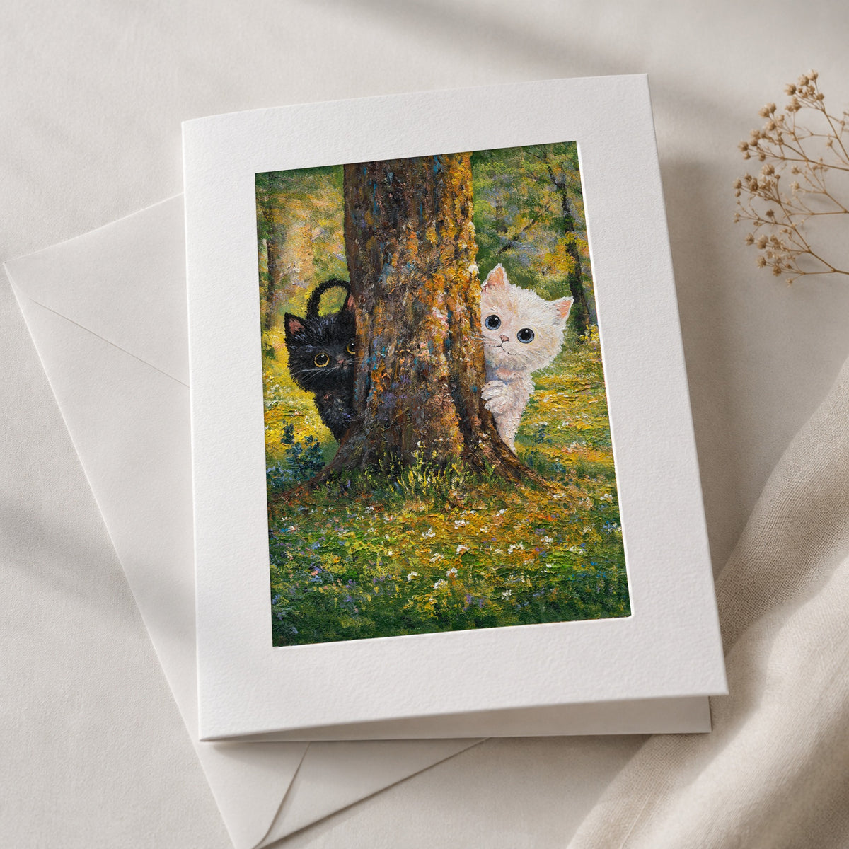 Hide and Seek art card in an acid-free 5×7 mat with envelope