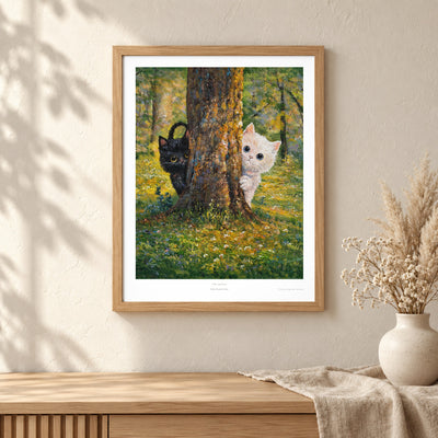 Hide and Seek art print shown in an oak frame on a wall (frame not included)