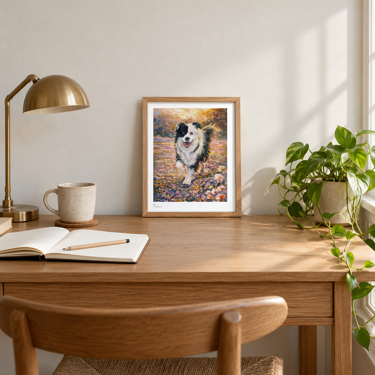 Jack studio print, 8.5 × 11 in, in a light oak frame on a desk (frame not included)