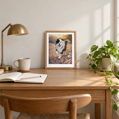 Jack studio print, 8.5 × 11 in, in a light oak frame on a desk (frame not included)