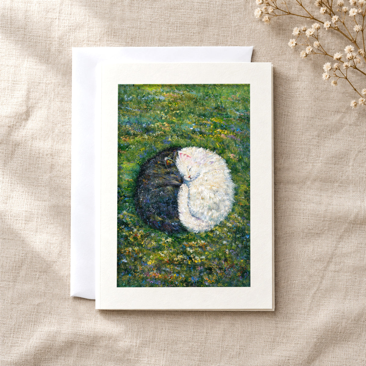 Little Hearts in the Meadow II art card: a folded 5×7 card with the artwork in a centred window, with a white envelope