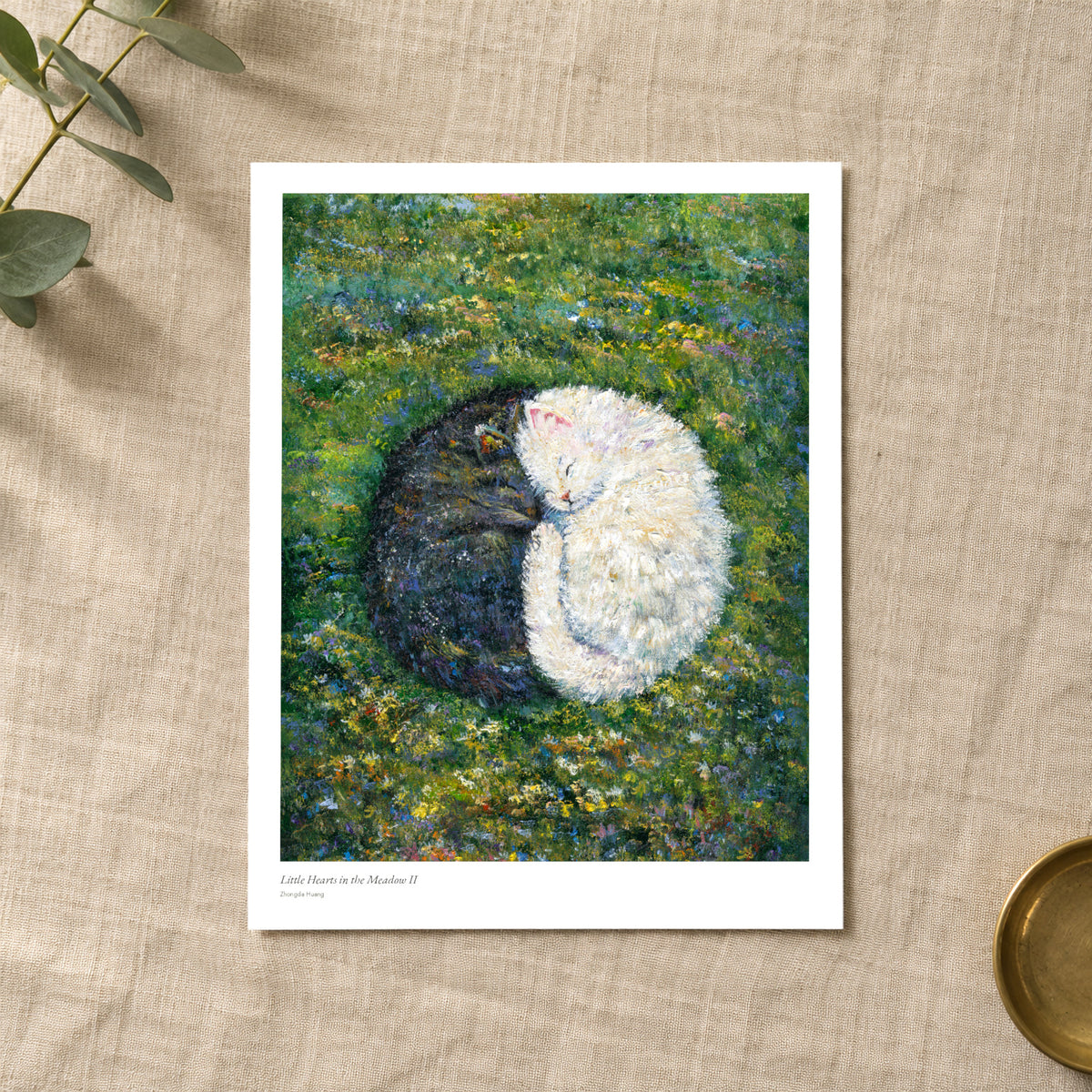 Little Hearts in the Meadow II studio print with title and signature margin, lying on linen