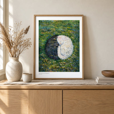Little Hearts in the Meadow II studio print, 17 × 22 in, in a light oak frame on a sideboard (frame not included)